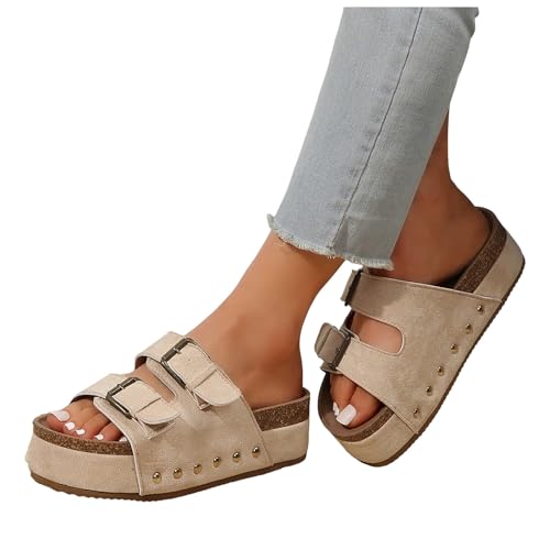 Generic Platform Footbed Sandals for Women Comfortable Footbed Summer Sandals Slip On Slides Beach Sandals Adjustable Buckle, 6.5, Beige