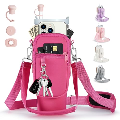 linmaya Water Bottle Carrier Bag with Phone Pocket for Stanley 40/30 oz Tumbler Neoprene Water Bottle Holder Pouch with 2 Adjustable Strap & 3 Leak Stoppers for Stanley Cup Accessories