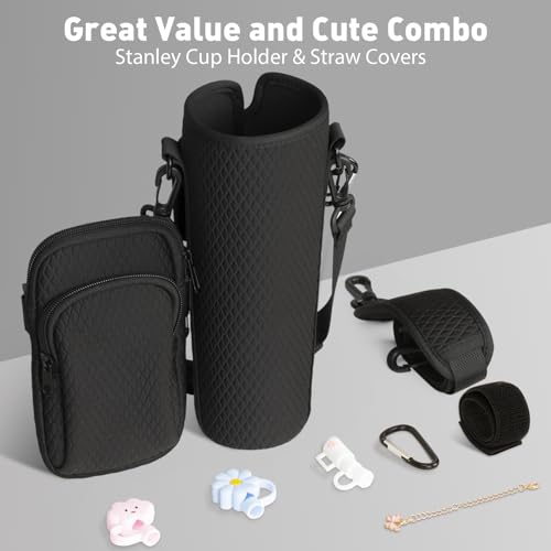 Stanley Cup Holder, 2024 Newest Stanley 40 Oz Cup Accessories, Include 3Pcs Straw Covers & Water Bottle Holder, 3D Embossing Neoprene Cup Carrier Bag & Case with 2 Straps and Phone Pocket(Black)