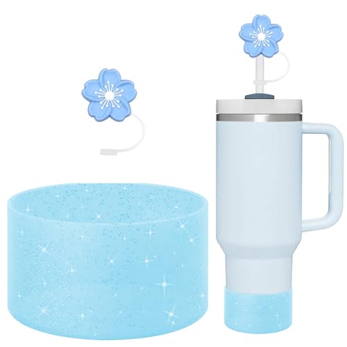 CHEMLLC Glitter Bling Silicone Boot for Stanley Cup 20 oz 30 oz 40 oz, Protector Cover for Stanley Cup Bottom, Cup Accessories Straw Cover (Bling Blue)