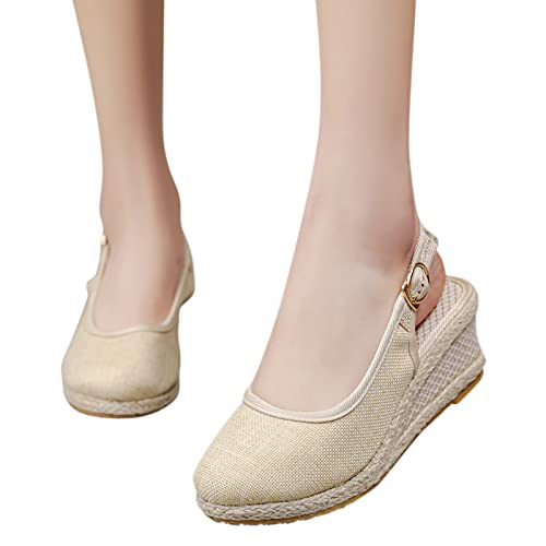 Women's Ankle Strap Low Wedge Sandal Platform Espadrille Strappy Casual Braided Heels Comfy Walking with Arch Support 02-Beige, 7.5