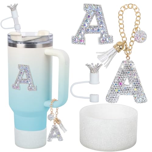 Letter Charms for Stanley Cup Handle,Silicone Boot Accessories Charms for Stanley Cup 40oz 30oz,Crown Straw Cover Topper & Diamond Sticker(W)
