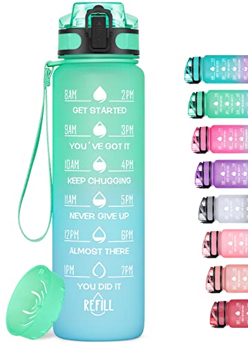 MEITAGIE 32oz Motivational Water Bottle with Time Marker & Fruit Strainer, Leak-proof BPA Free Non-Toxic Bottle with Carrying Strap, Perfect for Fitness, Gym and Outdoor Sports