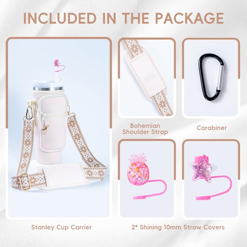 SWANSWIFT Upgraded Stanley Cup Carrier Bag Accessories for 30oz/40oz with Phone Pocket Tumbler Water Bottle Holder with Adjustable Strap with 2 Straw Covers &1 Carabiner (Beige)