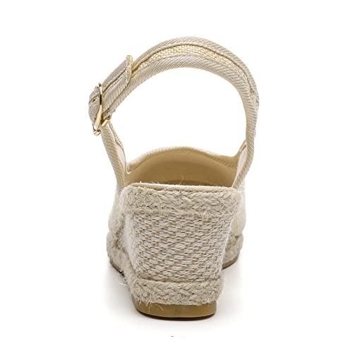 Women's Ankle Strap Low Wedge Sandal Platform Espadrille Strappy Casual Braided Heels Comfy Walking with Arch Support 02-Beige, 7.5