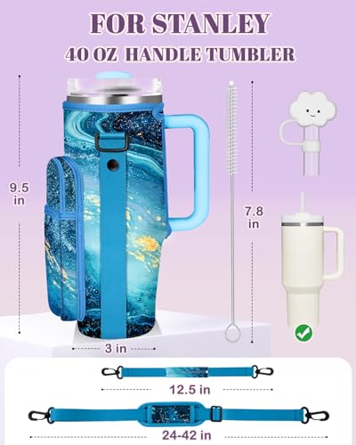Toykee Water Bottle Holder Carrier Bag for Stanley 40 OZ Tumbler with Strap Phone Pocket, Purple Wrap Around Drink Cup Purse Pouch with Straw Cover Cleaner Brush Accessories Marble Print