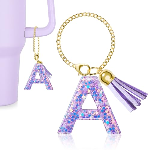 MOYOHIM Letter Charm for Stanley Cup, 1PCS Cute Tumbler Accessories Charm for Handle, Purple Personalized Initial Keychain Charm for Girls Women