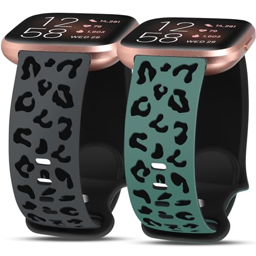Minyee 2 Packs Leopard Engraved Band Compatible with Fitbit Versa 2/Fitbit Versa/Versa Lite Bands Women, Two-Tone Cheetah Soft Silicone Sport Designer Cute Fancy Summer Strap for Versa 2 Smart Watch