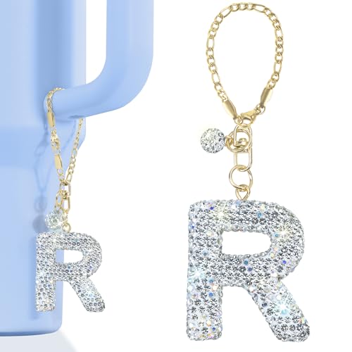 Mokoart Glitter Letter Tumbler Accessories for Stanley Cup, Water Bottle Chain for Stanley/Simple Modern Tumbler with Handle, Cute Initial Name ID with Bling Letter for Stanley Cup Accessories (R)