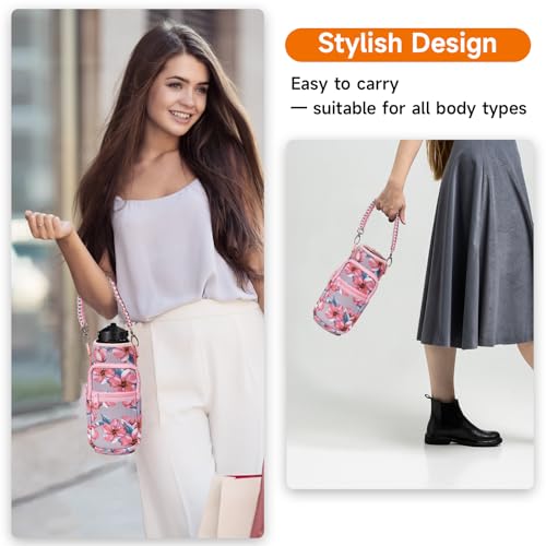 AceTreker 40 oz Neoprene Water Bottle Holder with Strap for Insulated Metal Hydro Jug Water Bottles, Sleeve Carrier Bag for Camping Trip-Pink Flowers