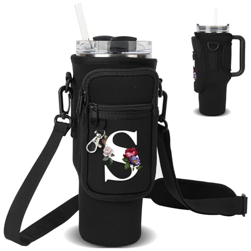 Water Bottle Carrier Bag with Strap Pouch for Stanley 40 oz Tumbler Cup Accessories, Neoprene Water Bottle Holder Phone Pocket Personalized Initial A-Z Flower Design Mother's Day Gift (S, Black)