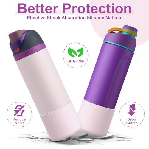 Comheral 2PCS Silicone Water Bottle Boot for Owala 24oz, Anti-Slip Protective Sleeve Bottom Bumper for FreeSip, Twist, and Flip Stainless Steel Bottles, Dishwasher Safe and BPA Free (Pink)