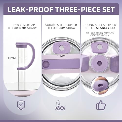 Silicone Spill Stopper Sets for Stanley 40/30 oz Quencher H2.0&1.0 Tumbler with Handle, Cup Accessories with Straw Cover Caps, Leak Stoppers(6Pcs Version 1.0&2.0) (Orchid)