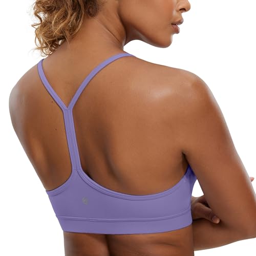 CRZ YOGA Butterluxe Womens Y Back Sports Bra - Padded Racerback Low impact Spaghetti Thin Strap Workout Yoga Bra Dark Lavender Purple X-Small