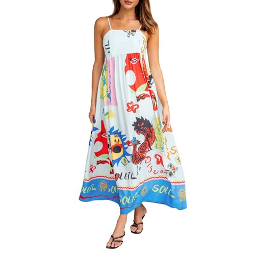 Generic Women Cute Print Maxi Cami Dress Loose Sleeveless Spaghetti Strap Boho Dress Flowy Graffiti Long Aline Sun Dress（B-Blue,Large）