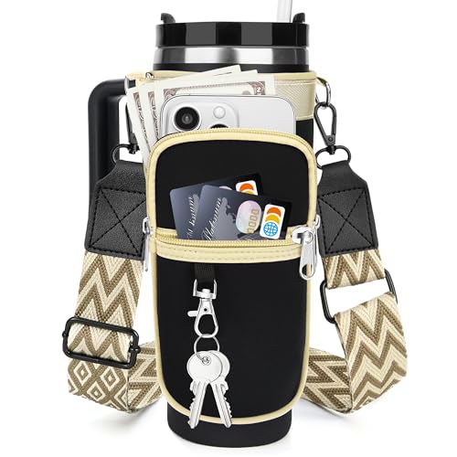 Water Bottle Carrier Bag with Canvas Shoulder Strap for Stanley 40 oz Tumbler with Handle, Water Bottle Holder Pouch with 6.7'' Phone Pocket for Stanley Cup Accessories, Birthday Gifts for Men Women