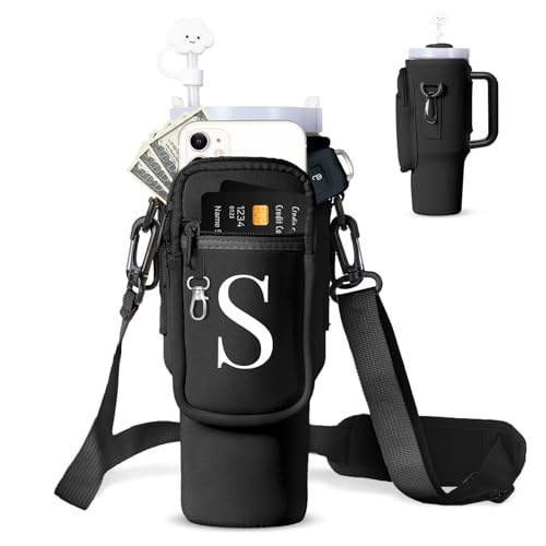 dabria Initial A-Z Water Bottle Bag with Phone Pocket for Stanley 40 oz Tumbler Neoprene Water Bottle Holder Pouch with Adjustable Strap Bollus with Straw Cover & Carabiner for Stanley Cup Accessories
