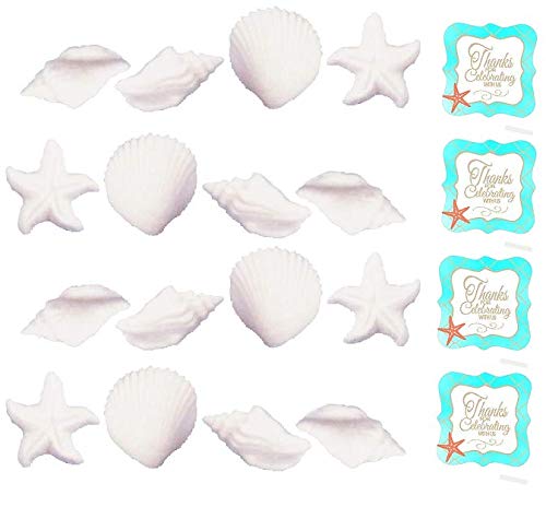 24pk Edible White Seashells and Starfish Sugar Decoration Toppers for Cakes Cupcakes Cake Pops with SeaShell Decorating Stickers