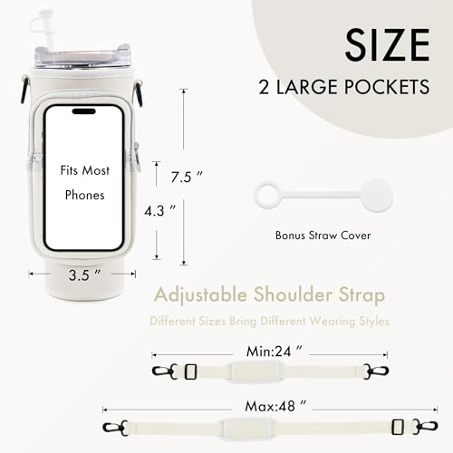 JEBEALUO Water Bottle Carrier Bag with Phone Pocket for Stanley Cup 40/30 oz, Water Bottle Holder with Adjustable Strap& Straw Cover, Stanley Cup Accessories (Black)