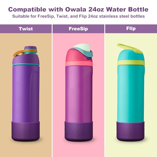 Comheral 2PCS Silicone Water Bottle Boot for Owala 24oz, Anti-Slip Protective Sleeve Bottom Bumper for FreeSip, Twist, and Flip Stainless Steel Bottles, Dishwasher Safe and BPA Free(Dark Purple)
