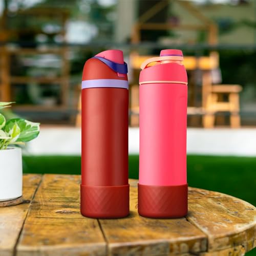 2PCS Silicone Water Bottle Boot for Owala 24 Oz, Anti-Slip Protective Sleeve Bottom Bumper Protector for FreeSip, Twist, and Flip Stainless Steel Water Bottles (Dark Red)