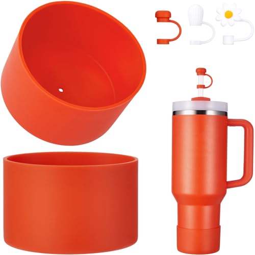 DUNLAGUE 2-Piece Silicone Boot for Stanley Quencher H2.0 20 30, 40oz & IceFlow Flip 20 30oz Tumblers with 3-Piece Straw Cover Cap, Stanley Cup Accessories Set, Tigerlily