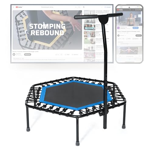 SportPlus Indoor Trampoline, Blue/Green/Red, Rebounder Home Fitness Trampoline with Height Adjustable Bar