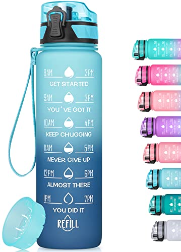MEITAGIE 32oz/26oz Motivational Water Bottle with Time Marker & Fruit Strainer, Leak-proof BPA Free Non-Toxic 1l Bottle with Carrying Strap, Perfect for Fitness, Gym and Outdoor Sports, Plastic