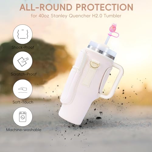 SWANSWIFT Upgraded Stanley Cup Carrier Bag Accessories for 30oz/40oz with Phone Pocket Tumbler Water Bottle Holder with Adjustable Strap with 2 Straw Covers &1 Carabiner (Beige)