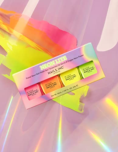 Nails Inc Super Dew Nail Polish Quad, Neon Glow Enhancing Shades, Fast Drying, Long Lasting, Chip Resistant, Air Dry Manicure,Vegan, Cruelty Free, 4 Piece Set
