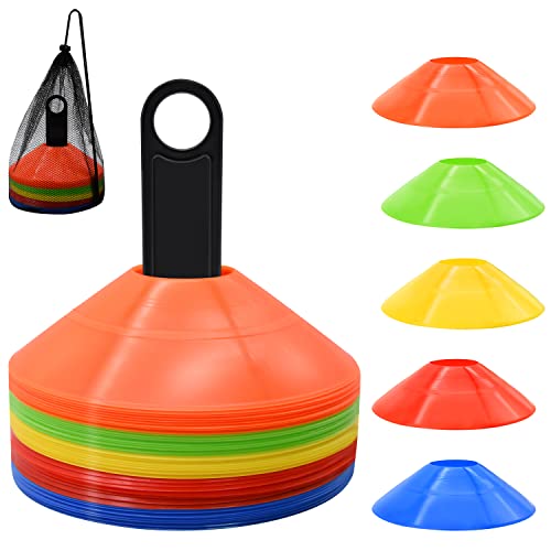 FGBNM 50 Pack Disc Cones, Agility Soccer Cones with Carry Bag and Holder, Soccer Cones for Sports Training, Football, Soccer, Basketball, Coaching, Practice Equipment, 5 Color (50 Pack)