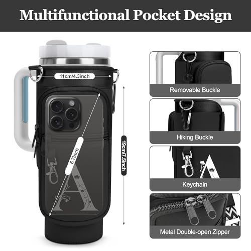 LOKASS for Stanley Cup Accessories 40 oz Water Bottle Carrier Bag with Phone Pocket for Stanley Tumbler Holder with Strap, Personalized Gifts with Floral Initial A-Z for Women/Girls/Stanley Cup Fans