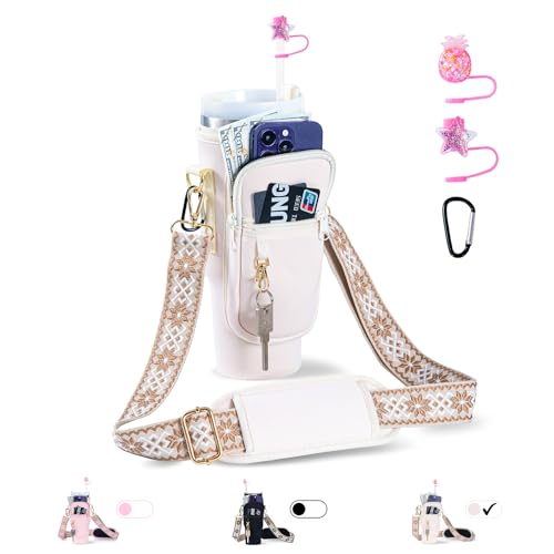SWANSWIFT Upgraded Stanley Cup Carrier Bag Accessories for 30oz/40oz with Phone Pocket Tumbler Water Bottle Holder with Adjustable Strap with 2 Straw Covers &1 Carabiner (Beige)