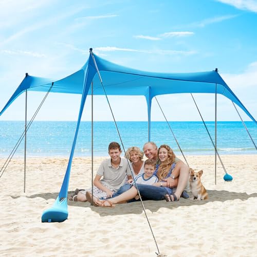 Beach Shade Tent,Beach Canopy,Beach Tent Sun Shelter | UPF50+ Pop Up Beach Tent,Beach Umbrella with 6 Sandbags and 4 Aluminum Poles, Beach Shade for Camping, Backyard Fun or Picnics (Blue10*10FT)