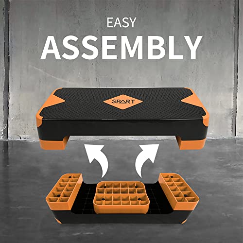SPART Adjustable Workout Aerobic Stepper, Aerobic Exercise Step Platform with 4 Risers, 3 Levels Adjust 4" - 6" - 8", 26.77" Trainer Stepper with Non-Slip Surface for Home Gym, Black-Orange