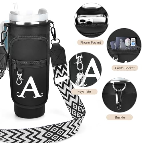 LOKASS Initial Water Bottle Holder with Upgrade Canvas Strap for Stanley 30 oz Tumbler, Gift for Mom Mother's Day Day gifts with Phone Pocket, Personalized Accessories for Stanley Cup, Blue - T