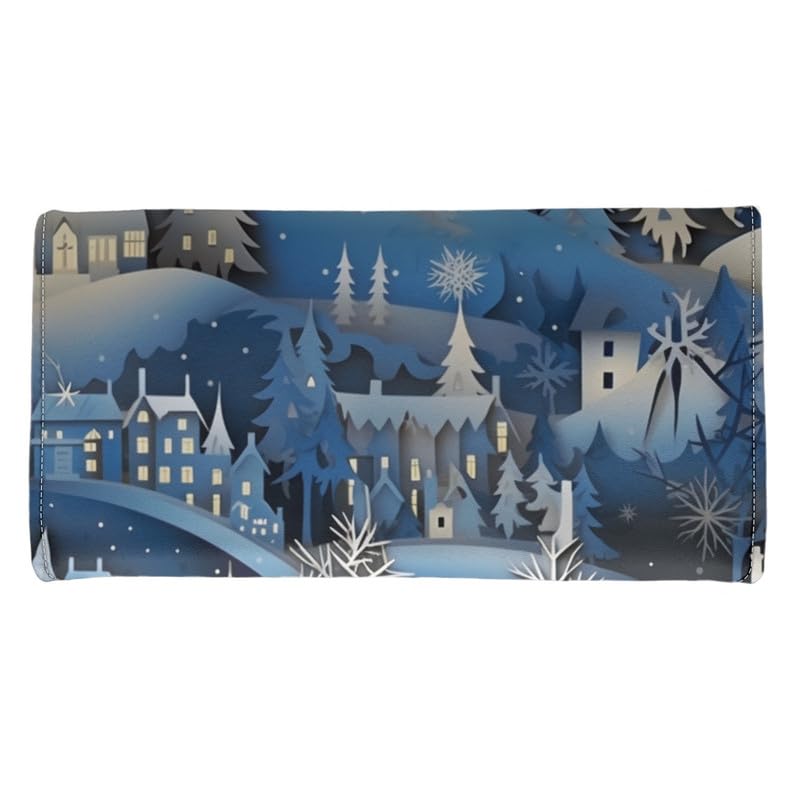 Jolamirel Womens Christmas Gift Trifold Wallets Snow Town Reindeer Large Capacity Wallet Paper Craving Pine Forest Deer PU Luxury Leather Ladies Long Slim Card Holder Purse