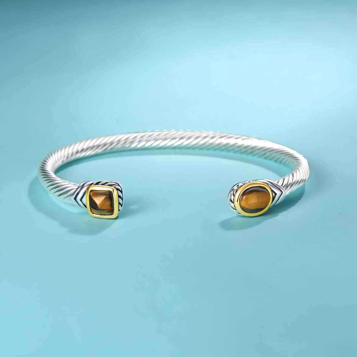 UNY Classic Signature Bracelet Luxury Inspired Women Jewelry 4.5mm Thin Twisted Cable Wire Bangle Christmas Day Gift (Tiger Eye color)