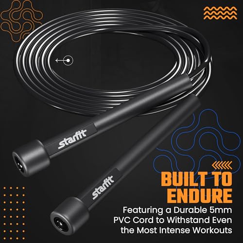 STARFIT Lightweight Jump Rope with Plastic Handles for Fitness and Exercise - Adjustable - Tangle-Free Skipping Rope for Crossfit, Gym, Cardio and Endurance Training, Workout (Black)