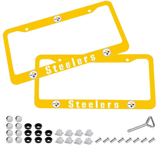 JOPHANN KUYOUTE 2Pcs Full Color Aluminum Alloy License Plate Frame for Steelers US Car SUV Truck 2 Pack Aluminum Alloy License Plate Frame Front and Rear Tag Holder Black (Pittsburgh)