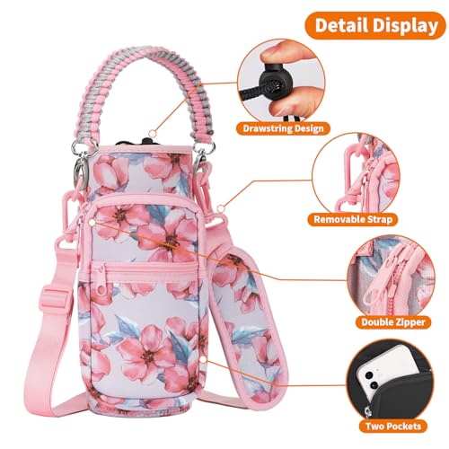 AceTreker 40 oz Neoprene Water Bottle Holder with Strap for Insulated Metal Hydro Jug Water Bottles, Sleeve Carrier Bag for Camping Trip-Pink Flowers