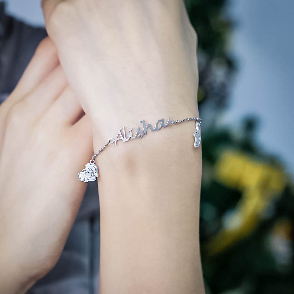 AILIN Custom Christmas Bracelet For Women With Xmas Trees/Santa Claus/Stockings/Hats Charm Sterling Silver 925 Personalized Name Bracelets Jewelry Gifts For Her Mother Daughter