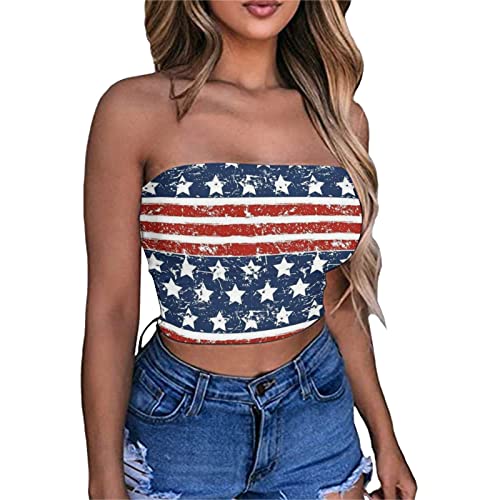 Generic Patriotic Shirts for Women,Crop 4th of July Tube Tops Cute Sleeveless Strapless American Flag Tank Top Classic Independence Day Shirts Red White and Blue American Flag Tee(A-Navy,Medium)
