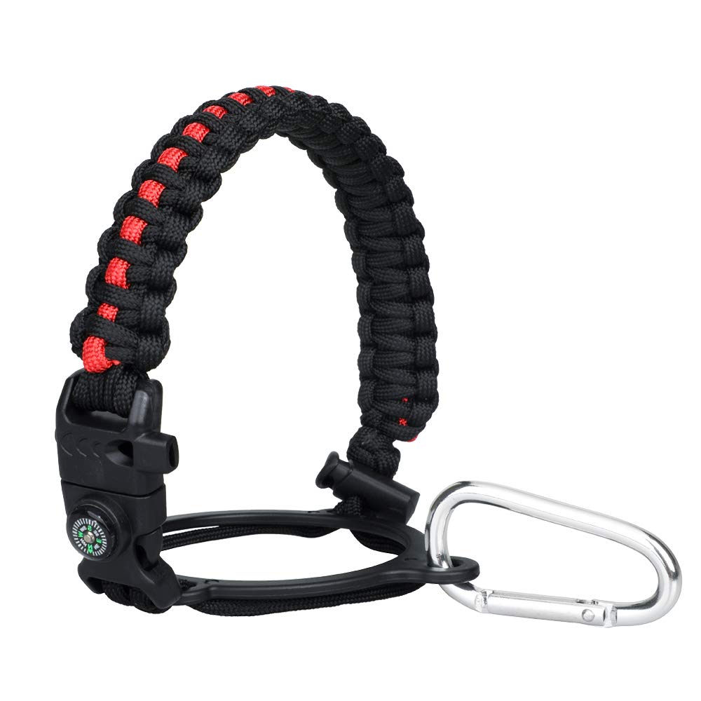 WEREWOLVES Paracord Handle - Fits Wide Mouth Bottles 12oz to 64oz - Durable Carrier, Paracord Carrier Strap Cord with Safety Ring,Compass and Carabiner - Ideal Water Bottle Handle Strap (Black/Red)