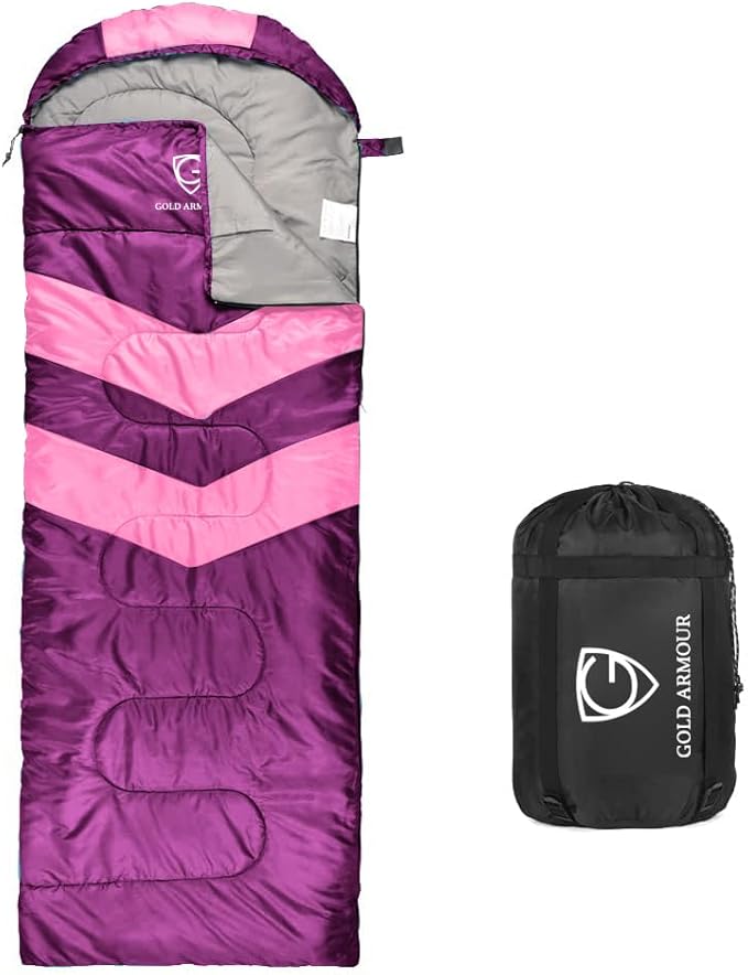 Gold Armour Sleeping Bags for Adults Cold Weather & Warm - Backpacking Camping Sleeping Bag for Kids 10-12, Girls, Boys - Lightweight Compact Camping Essentials Gear Accessories, Left Zipper