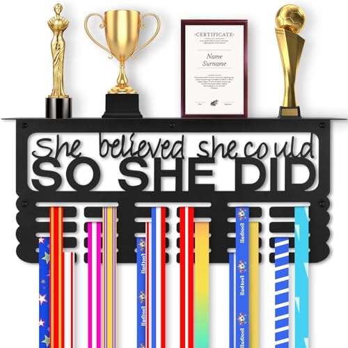 Takytao Medal Hanger Display with Trophy Shelf, Upgraded Sports Medal Holder Trophy Display Shelf Ribbon Holder Simple Wall Hanger with Motivational Words for Gymnastics, Soccer, Softball