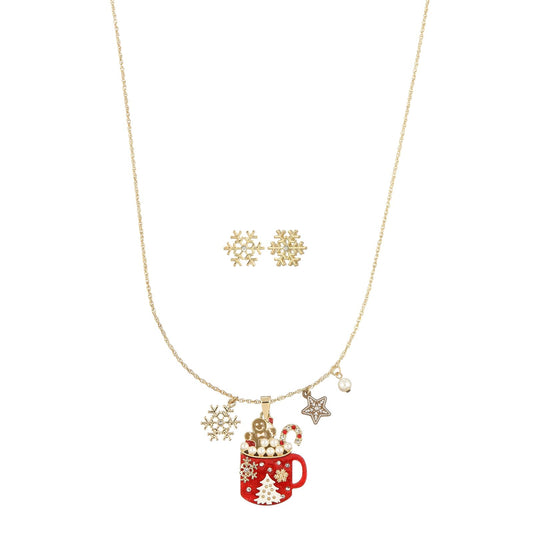 Madison Tyler Mug Christmas Pendant Necklace Set for Women | Statement Christmas Candy Cane Gingerbread Pearl Acrylic Glass | Gold Snowflake Earrings | Xmas Holiday Necklaces