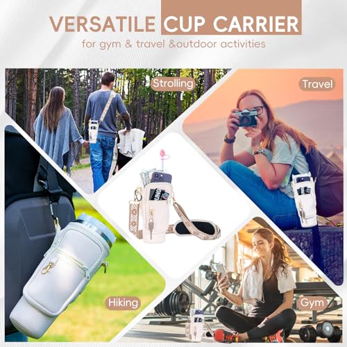 SWANSWIFT Upgraded Stanley Cup Carrier Bag Accessories for 30oz/40oz with Phone Pocket Tumbler Water Bottle Holder with Adjustable Strap with 2 Straw Covers &1 Carabiner (Beige)