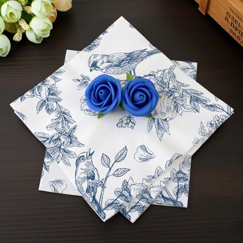 120 Pcs Paper Napkins Blue & White Disposable Spring Flowers Dessert Napkin for Wedding Holiday Birthday Party Bridal & Baby Shower Tableware Party Supplies