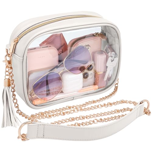 PACKISM Clear Bag for Stadium Events - Fashionable Clear Purse Crossbody for Women Approved, PU & PVC, Adjustable Chain Strap with Tassel, Perfect for Sports & Concerts, Off-White